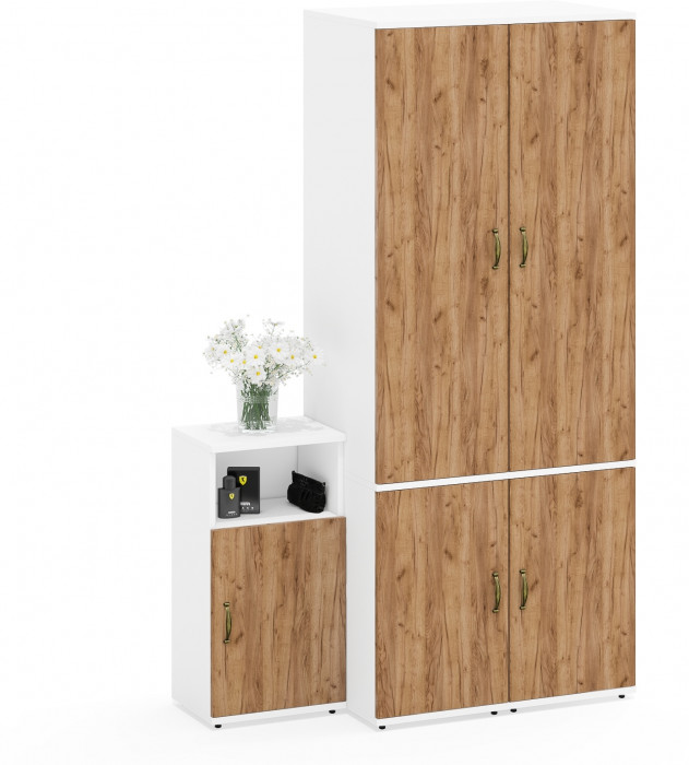 Лидер-8 Пенал МД 23Б + Пенал МД 23Б + Тумба МД 3.19, цвет белый шагрень/крафт золото, ШхГхВ 120х50х190 см., универсальная сборка