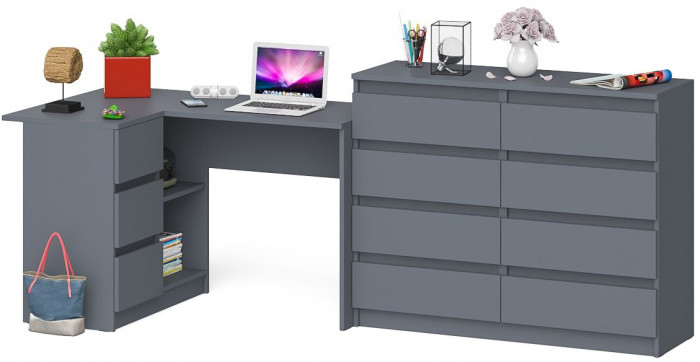 Мори Стол компьютерный МС-16 левый + Комод МК1200.8, цвет графит, ШхГхВ 244,8х84,9х94 см., выдвижные ящики слева, НЕ универсальная сборка