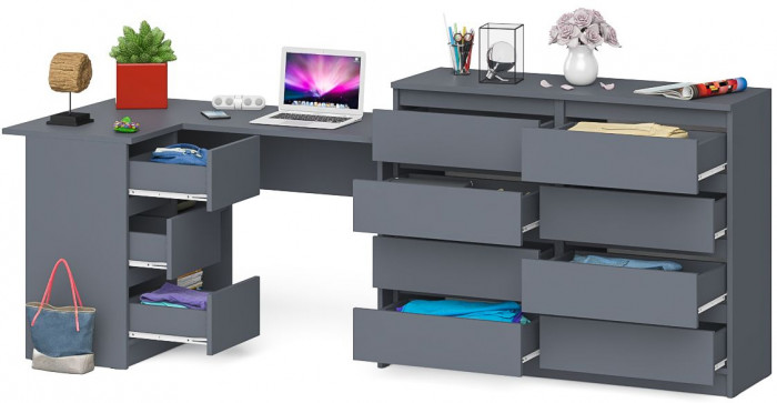 Мори Стол компьютерный МС-16 левый + Комод МК1200.8, цвет графит, ШхГхВ 244,8х84,9х94 см., выдвижные ящики слева, НЕ универсальная сборка