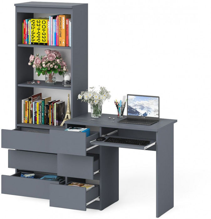 Мори Стол компьютерный МС-6 левый + Стеллаж МСТ600.3, цвет графит, ШхГхВ 150,4х50х179,6 см., выдвижные ящики слева, НЕ универсальная сборка