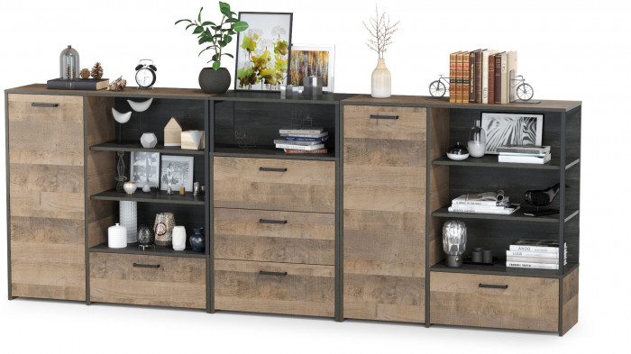 Трувор 13.307.01 Комод + 13.307.02 Комод с ящиками + 13.307.01 Комод, дуб гранж песочный/интра