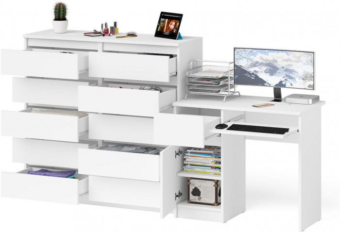 Мори Стол компьютерный МС-1 левый + Комод МК1200.10, цвет белый, ШхГхВ 210,4х50х115 см., выдвижной ящик слева, НЕ универсальная сборка