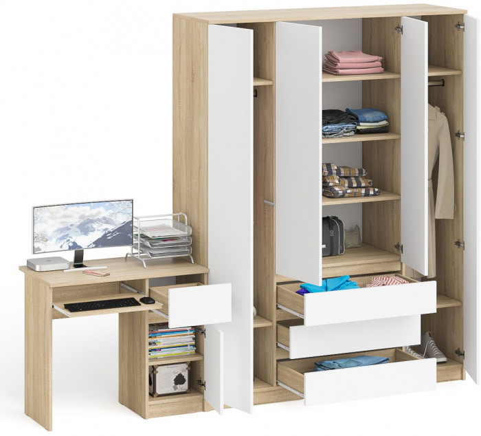 Мори Стол компьютерный МС-1 правый + Шкаф МШ1600.1, цвет дуб сонома/белый, ШхГхВ 250,4х50,4х209,6 см., выдвижной ящик справа, НЕ универсальная сборка
