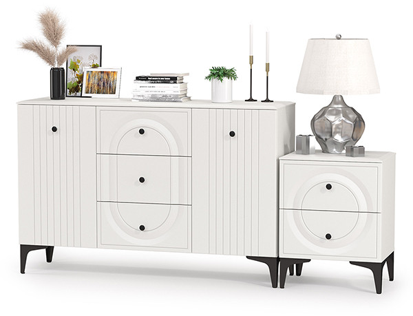 Валенсия Спальня 13.309 Комод + 13.291 Тумба прикроватная, цвет ЛДСП белый шагрень/МДФ белый шагрень, ШхГхВ 182,4х38,4х87,5 см.