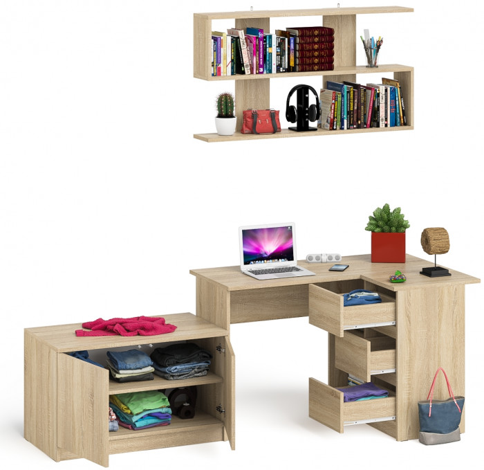 Мори компьютерный стол МС-16 правый + Тумба МА900.1 + Полка 1200, дуб сонома