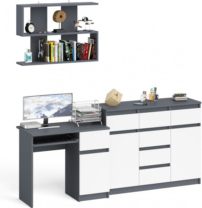 Мори Стол компьютерный МС-1 правый + Комод МК1200.4 + Полка 900, цвет графит/белый, ШхГхВ 210,4х50х209,6 см., НЕ универсальная сборка