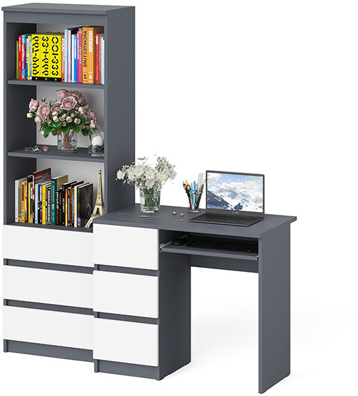 Мори Стол компьютерный МС-6 левый + Стеллаж МСТ600.3, цвет графит/белый, ШхГхВ 150,4х50х179,6 см., выдвижные ящики слева, НЕ универсальная сборка