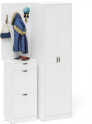 Прихожая П-6 Компоновка № 18, цвет белая шагрень/фасады МДФ белое дерево фрезеровка прованс, ШхГхВ 120х50х210 см., универсальная сборка