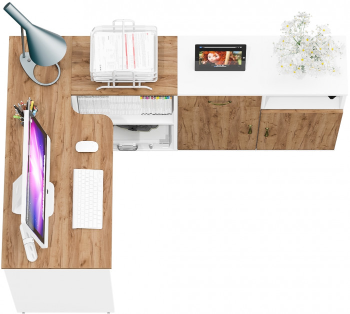 Лидер-8 Стол + Тумба МД 3.15 + Тумба МД 3.19, белый шагрень/крафт золото