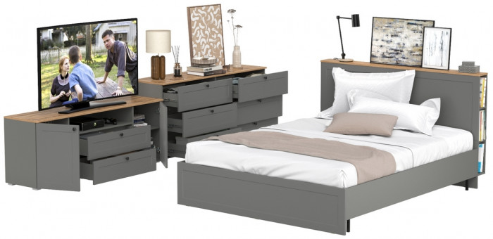 Остин 11.53 Кровать + ортопед + 16.240 Комод + 16.47 Тумба под ТВ, серый графит/дуб крафт золотой