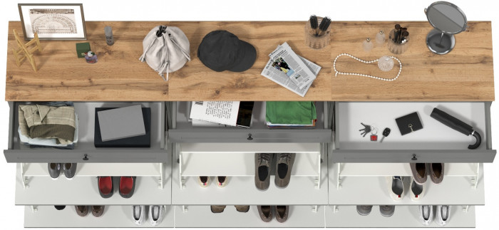 Остин 16.121 Тумба для обуви + 16.121 Тумба для обуви + 16.121 Тумба для обуви, цвет серый графит/дуб крафт золотой, ШхГхВ 240х41,6х99,3 см.