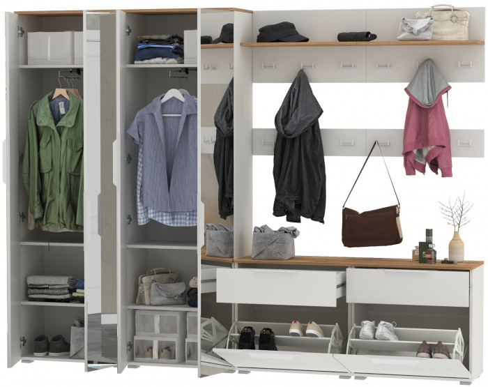 Октава Прихожая 36, белый шагрень/дуб крафт золотой/фасады МДФ белый шагрень