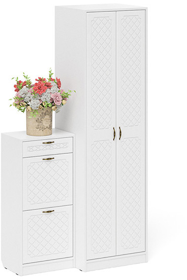 Прихожая П-6 Компоновка № 16, белая шагрень/фасады МДФ белое дерево фрезеровка ромб