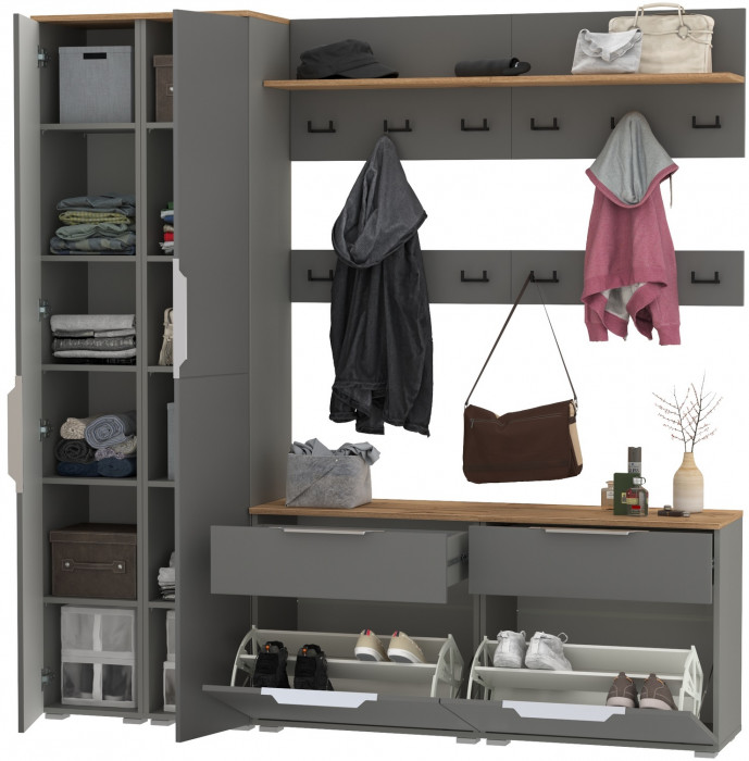 Октава Прихожая 35, цвет серый графит/дуб крафт золотой/фасады МДФ серый графит, ШхГхВ 194,2х35,4х197,6 см., универсальная сборка