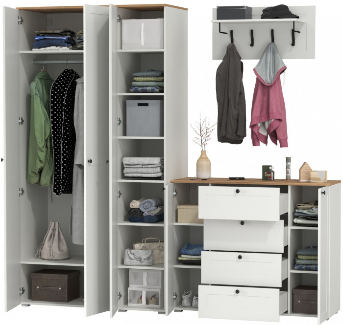 Остин Прихожая 39, цвет белый шагрень/дуб крафт золотой, ШхГхВ 240х54,3х229,6 см., универсальная сборка