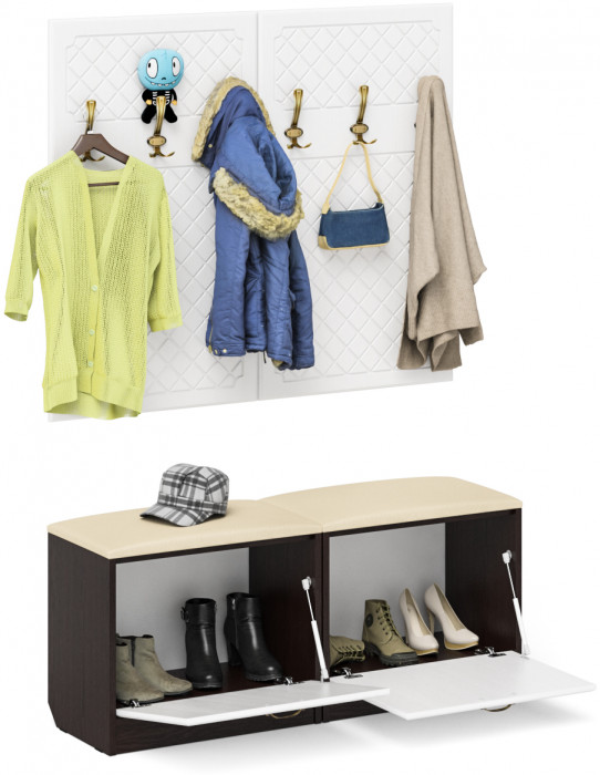 Прихожая П-6 Компоновка № 01, цвет венге/фасады МДФ белое дерево фрезеровка ромб, ШхГхВ 120х35х200 см.