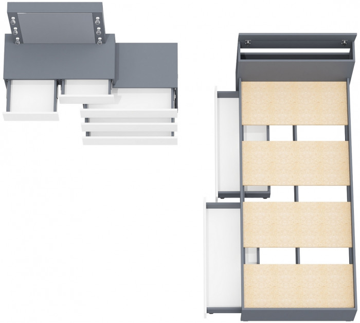 Ксения Кровать с ящиками 0900 + Стол косметический с подсветкой 110, графит/белый