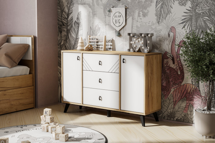 Комод 3 ящика двухстворчатый Байкал, Дуб Золотой, Белый матовый