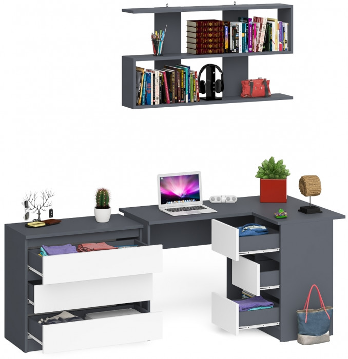 Мори компьютерный стол МС-16 правый + Комод МК800.1 + Полка 1200, графит/белый