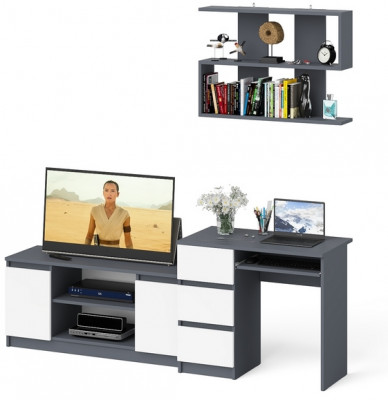 Мори компьютерный стол МС-6 левый + Тумба МТВ1200.1 + Полка 900, графит/белый