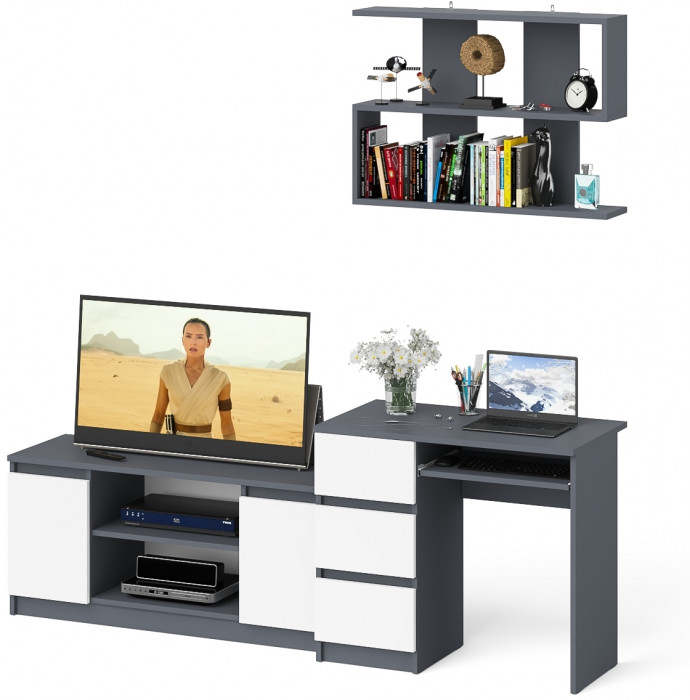 Мори компьютерный стол МС-6 левый + Тумба МТВ1200.1 + Полка 900, графит/белый