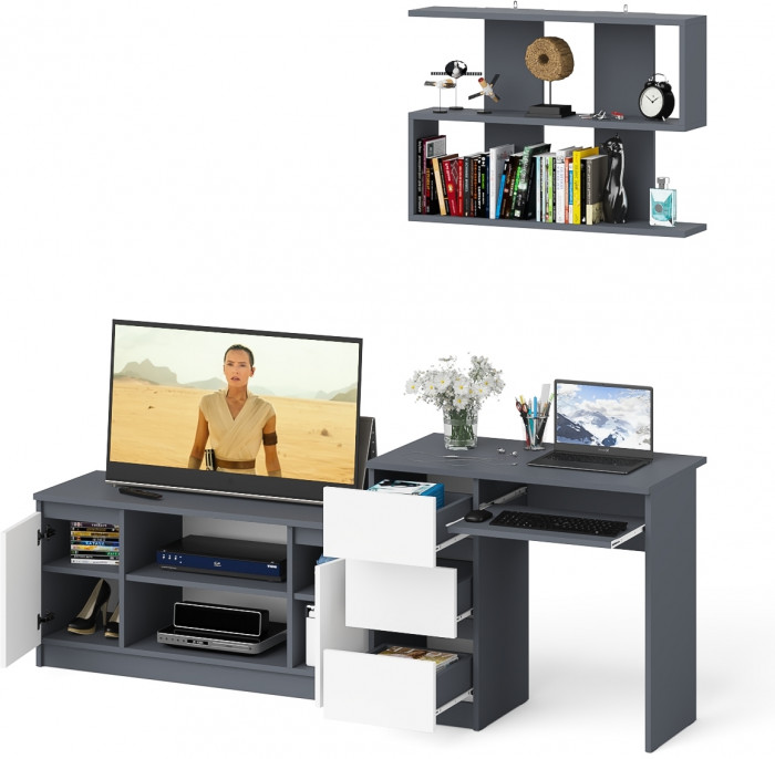 Мори компьютерный стол МС-6 левый + Тумба МТВ1200.1 + Полка 900, графит/белый