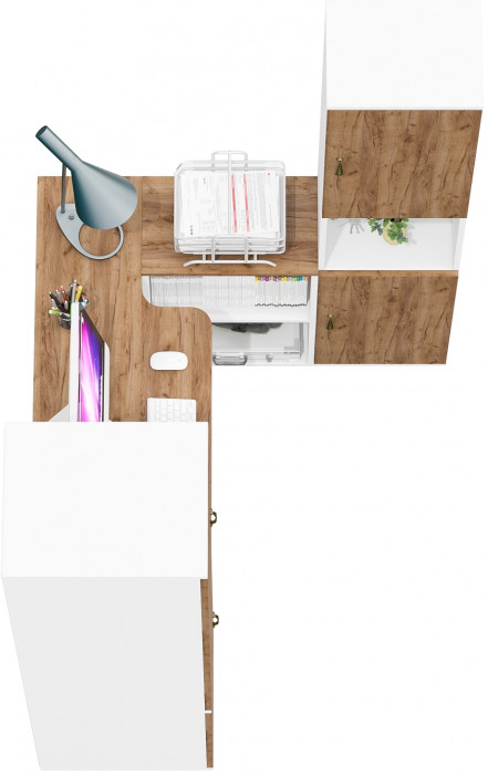 Лидер-8 Пенал МД 23Б + Стол + Пенал, цвет белый шагрень/крафт золото, ШхГхВ 245х50/30х75/190 или 155х120/50х75/190 см., НЕ универсальная сборка