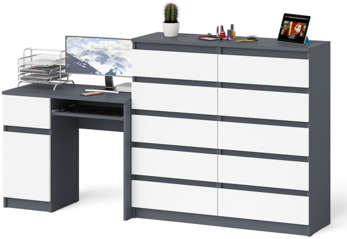 Мори Стол компьютерный МС-1 левый + Комод МК1200.10, цвет графит/белый, ШхГхВ 210,4х50х115 см., выдвижной ящик слева, НЕ универсальная сборка