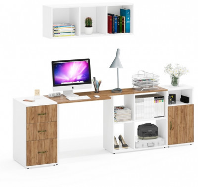 Лидер-8 Стол + Полка + Тумба МД 3.16 + Тумба МД 3.19, цвет белый шагрень/крафт золото, ШхГхВ 245х50/30х75/190 или 155х120/50х75/190 с, НЕ универс. сб.