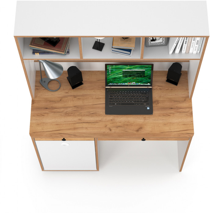 Вуди Стол письменный 12.42 + Надстройка на стол 13.161, цвет белый премиум/дуб крафт золотой, ШхГхВ 110х52,7х158,7 см., универсальная сборка