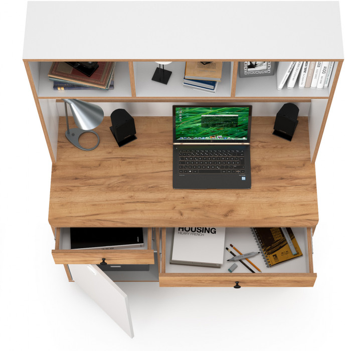 Вуди Стол письменный 12.42 + Надстройка на стол 13.161, цвет белый премиум/дуб крафт золотой, ШхГхВ 110х52,7х158,7 см., универсальная сборка