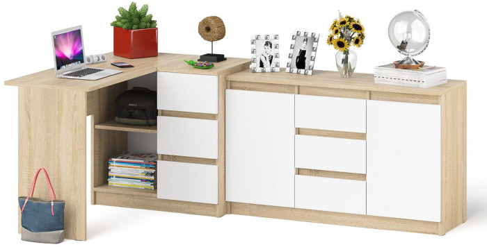 Мори компьютерный стол МС-16 правый + Комод МК1200.3, дуб сонома/белый