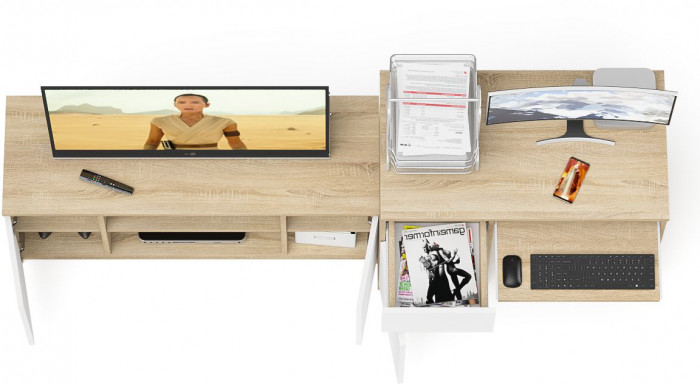 Мори Стол компьютерный МС-1 левый + Тумба МТВ1200.1, цвет дуб сонома/белый, ШхГхВ 210,4х50х76,6 см., выдвижной ящик слева, НЕ универсальная сборка