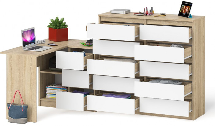 Мори Стол компьютерный МС-16 правый + Комод МК1200.10, цвет дуб сонома/белый, ШхГхВ 244,8х84,9х115 см., выдвижные ящики справа, НЕ универс. сборка