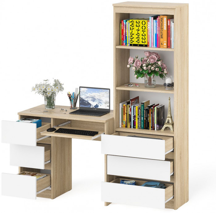 Мори Стол компьютерный МС-6 левый + Стеллаж МСТ600.3, цвет дуб сонома/белый, ШхГхВ 150,4х50х179,6 см., выдвижные ящики слева, НЕ универсальная сборка
