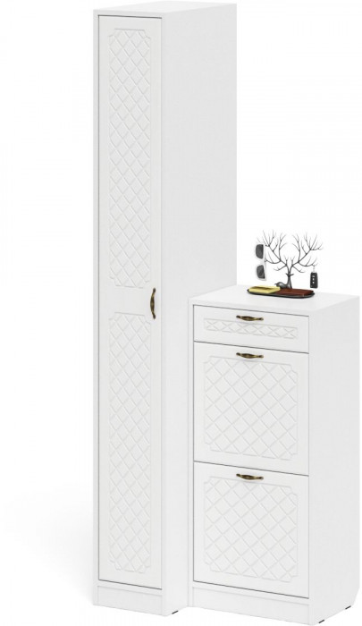 Прихожая П-6 Компоновка № 42, белая шагрень/фасады МДФ белое дерево фрезеровка ромб