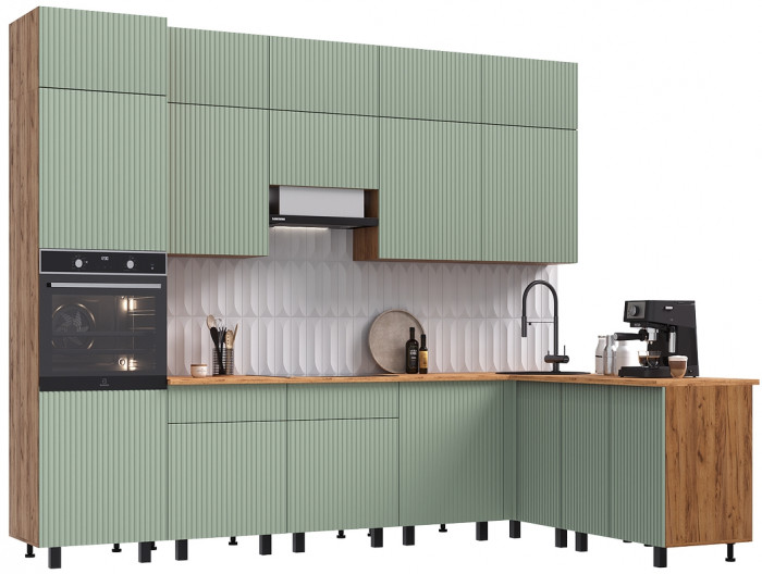 Кухня Оливия NEW 3,0х1,8/1080м Компоновка №3, Крафт золотой/Олива софт