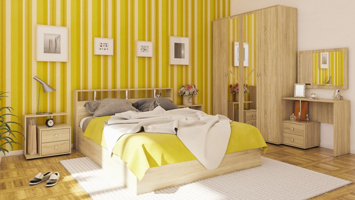 Камелия Кровать с ящиками 1600 + две тумбы, дуб сонома