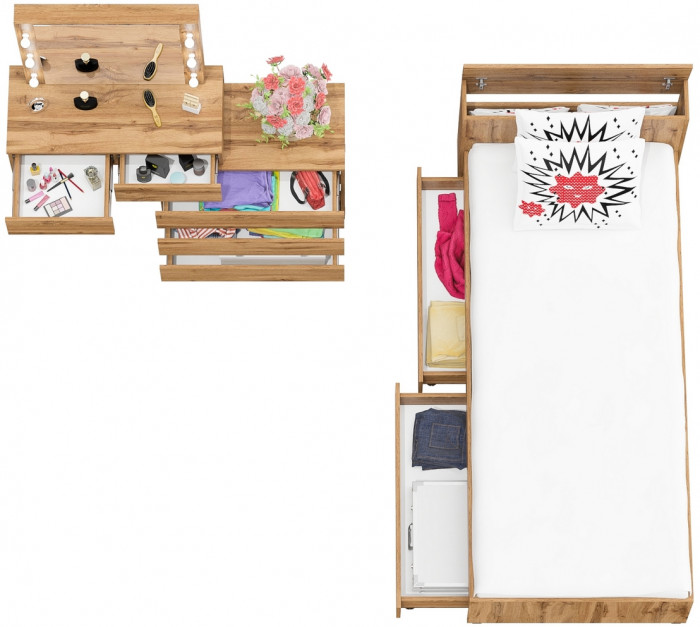 Ксения Кровать с ящиками 0900 + Стол косметический с подсветкой 110, дуб вотан