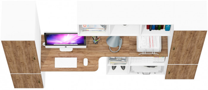 Лидер-8 Пенал МД 23Б + Стол + Полка + Пенал 21Б, цвет белый шагрень/крафт золото, ШхГхВ 245х50х190 или 155х120/50х75/190 см., НЕ универсальная сборка