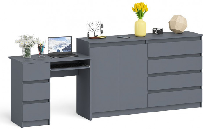 Мори Стол компьютерный МС-6 левый + Комод МК1600.1, цвет графит, ШхГхВ 250,4х50х94 см., выдвижные ящики слева, НЕ универсальная сборка