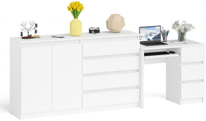 Мори Стол компьютерный МС-6 правый + Комод МК1600.1, цвет белый, ШхГхВ 250,4х50х94 см., выдвижные ящики справа, НЕ универсальная сборка