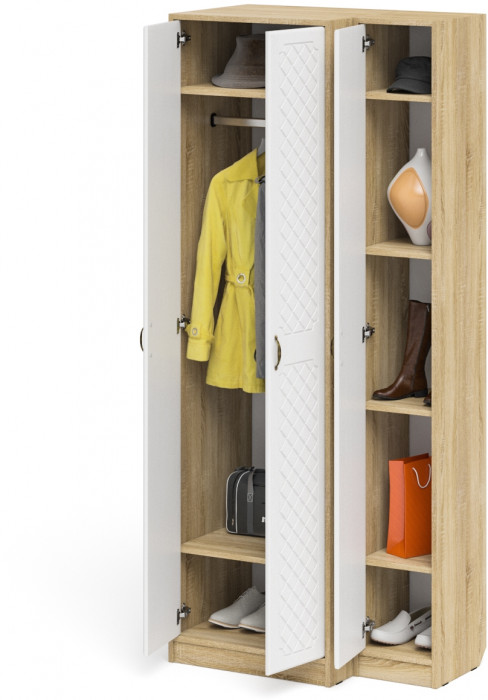 Прихожая П-6 Шкаф + Пенал, дуб сонома/фасады МДФ белое дерево фрезеровка ромб