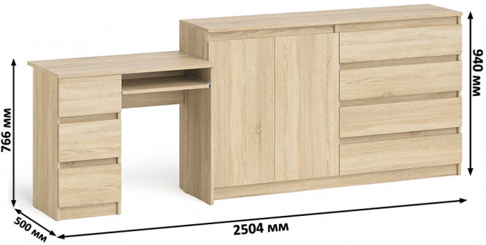 Мори Стол компьютерный МС-6 левый + Комод МК1600.1, цвет дуб сонома, ШхГхВ 250,4х50х94 см., выдвижные ящики слева, НЕ универсальная сборка