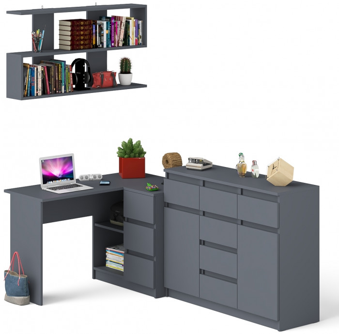 Мори компьютерный стол МС-16 правый + Комод МК1200.4 + Полка 1200, графит