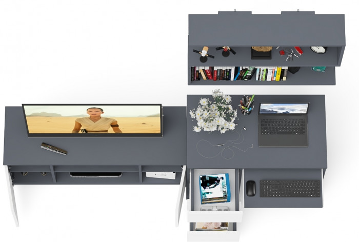 Мори компьютерный стол МС-6 левый + Тумба МТВ1200.1 + Полка 900, графит/белый