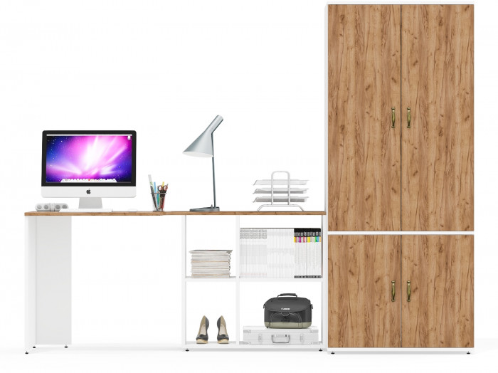 Лидер-8 Стол + Шкаф МД 19Б, цвет белый шагрень/крафт золото, ШхГхВ 245х50х75/190 или 115х160/50х75/190 см., НЕ универсальная сборка