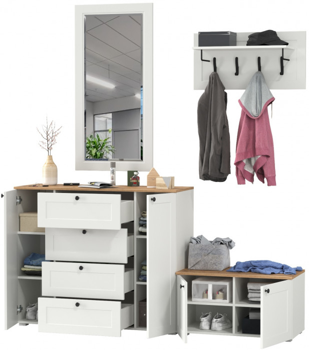 Остин Прихожая 50, цвет белый шагрень/дуб крафт золотой, ШхГхВ 200х54,3х210 см., универсальная сборка