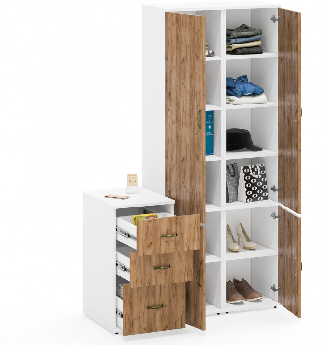 Лидер-8 Пенал МД 22Б + Пенал МД 22Б + Тумба МД 3.16, белый шагрень/крафт золото