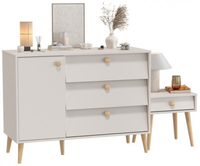 Афина Спальня Комод с дверкой и тремя ящиками + Тумба прикроватная, цвет кашемир серый, ШхГхВ 110х45,3х83 + 45х37х45 см., универсальная сборка